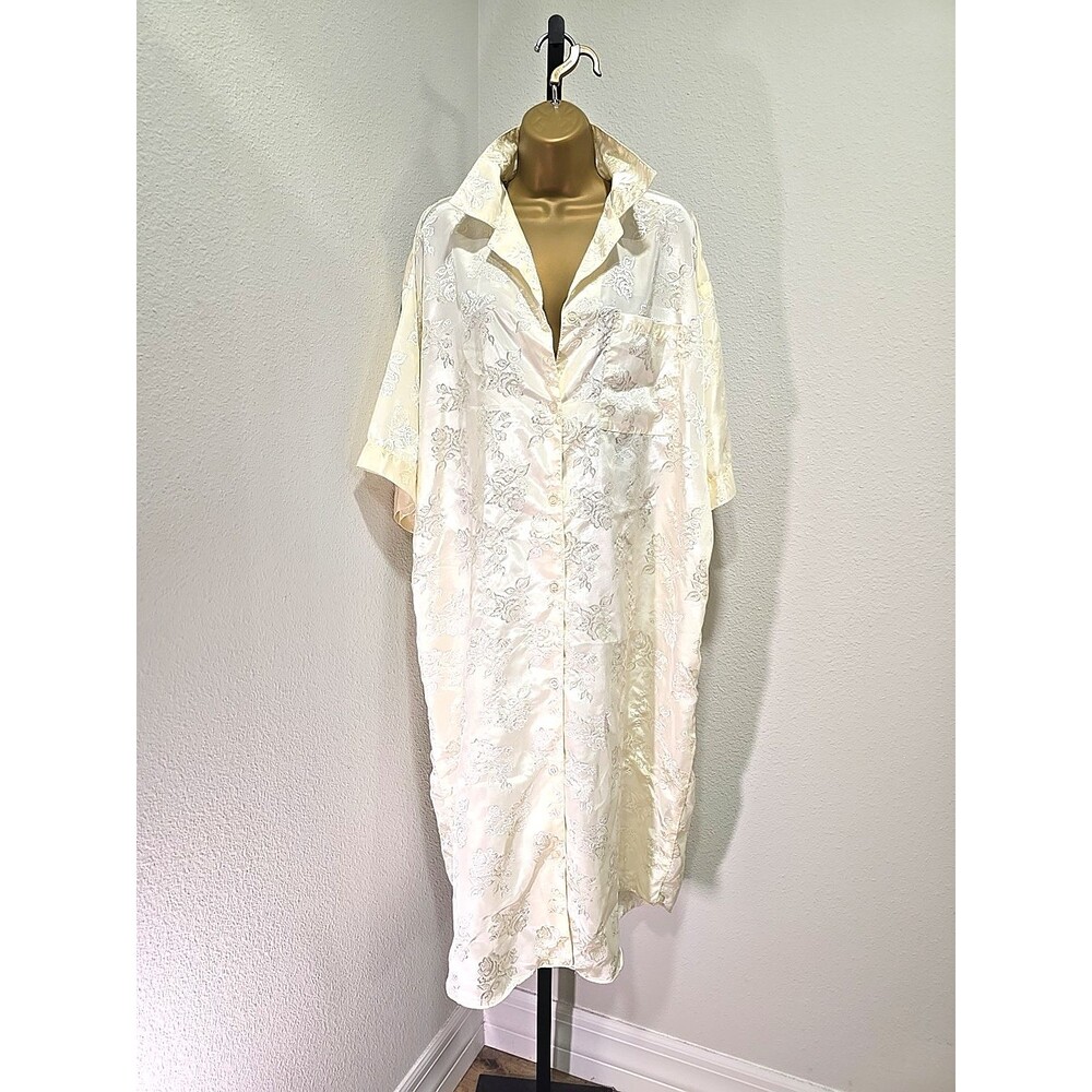 Satin Cream Floral Robe OS Button Long Feminine Delicate Lounge Leisure Sleep
